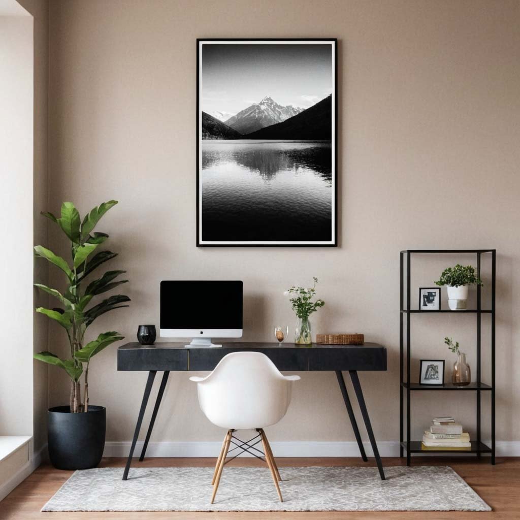 Minimalist Wall Art: A home office with a minimalistic design and calm color, a huge monochrome photo hangs above the desk