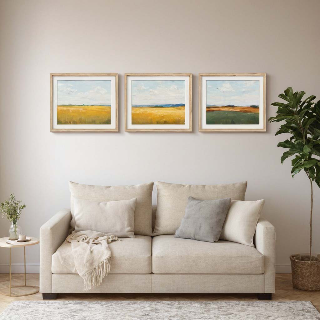 Minimalist Wall Art: A series of three small minimalistic landscape paintings, evenly distributed on the wall of a studio apartment to add interest and grace without overloading the space, neutral calm color