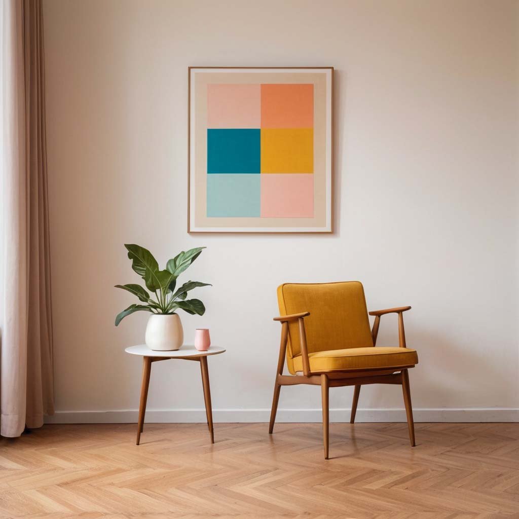 Minimalist Wall Art: A minimalistic interior in 1960 years, with only a chair in the room, a simple geometric painting,  a parquet, pastel colors