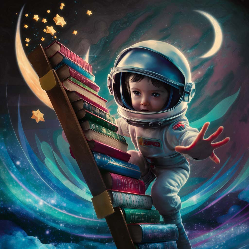 Motivational Wall Art: A child climbs a ladder made of books to the stars in the sky wearing an astronaut's helmet