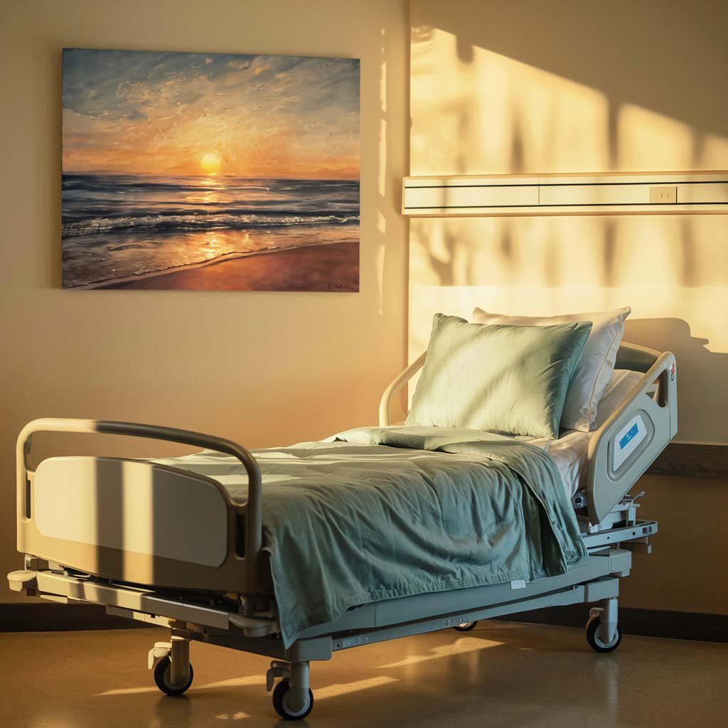 Motivational Wall Art: A hospital room with a painting of a sunset on the wall