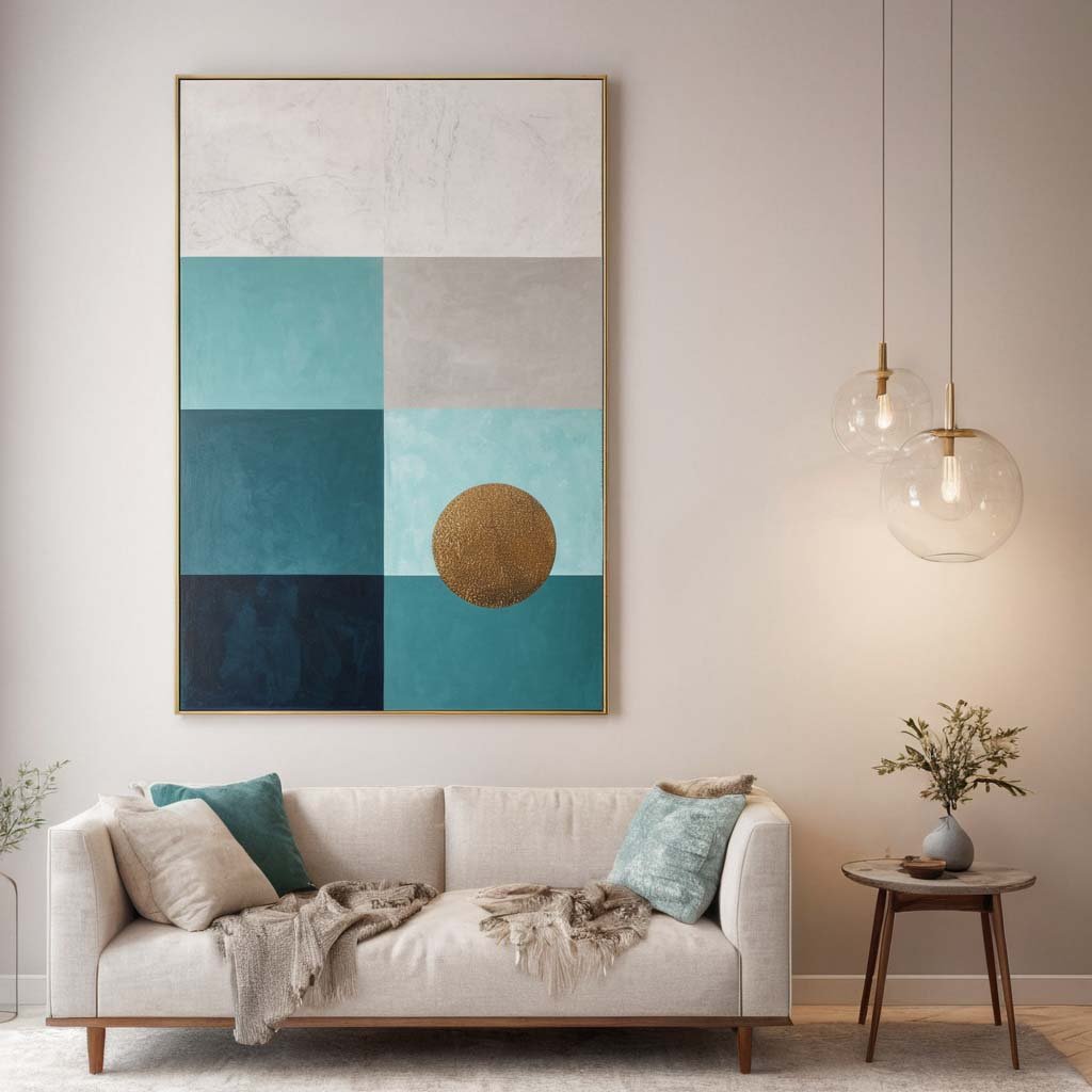 Minimalist Wall Art: A simple geometric painting in calm color in a minimalistic interior  