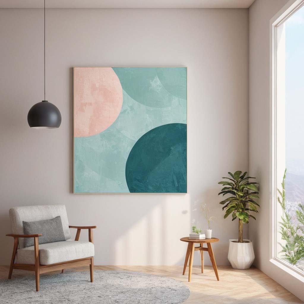 Minimalist Wall Art: A simple geometric painting in calm color in a minimalistic interior, a large window, natural light