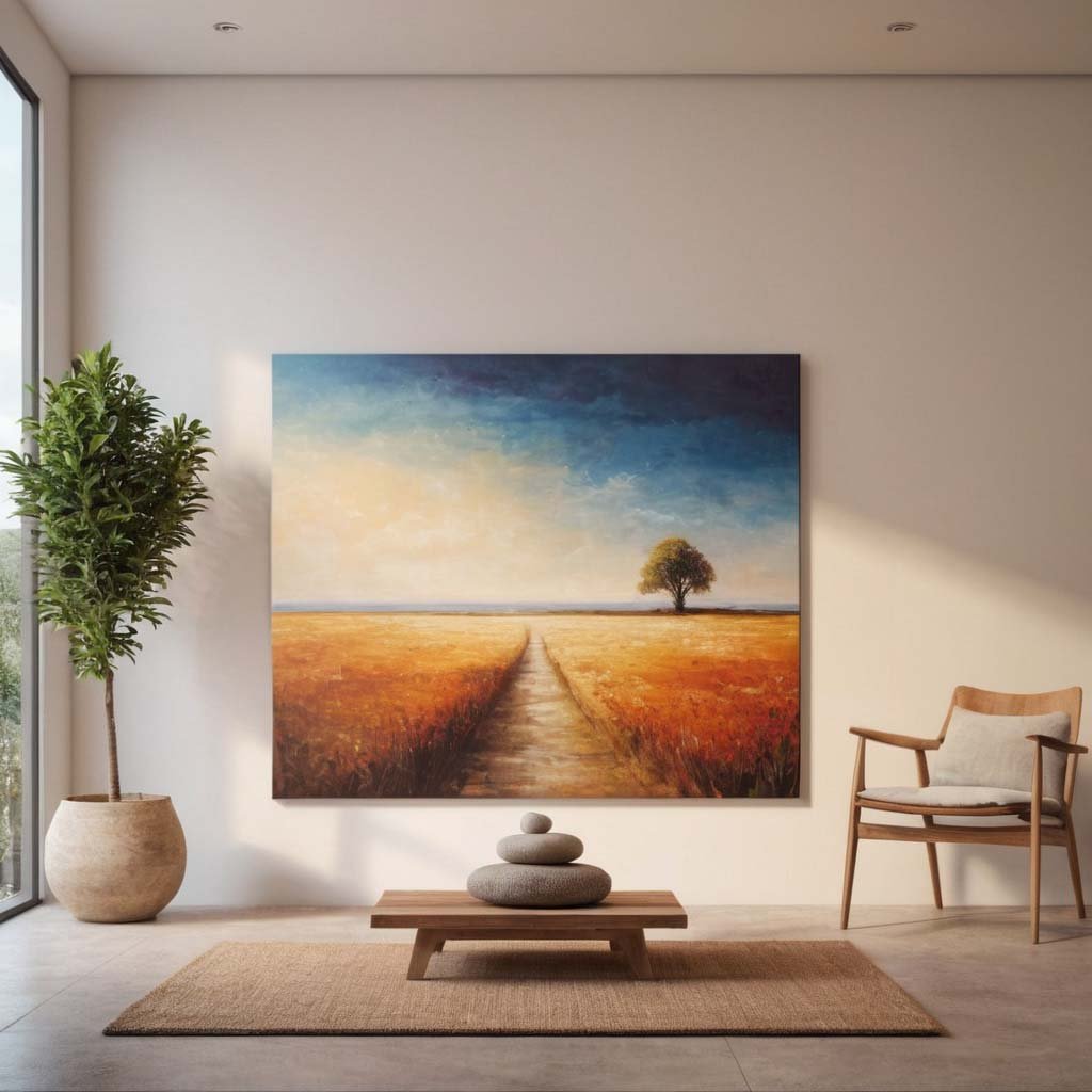 Minimalist Wall Art: A meditation space with a minimalistic interior, calm atmosphere, a simple painting with a landscape on a wall