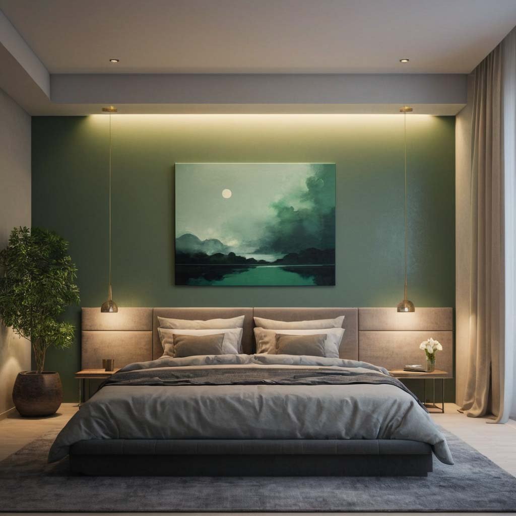 Minimalist Wall Art: A bedroom interior with minimalist painting, gloomy lighting, artificial light, calm green and gray colors