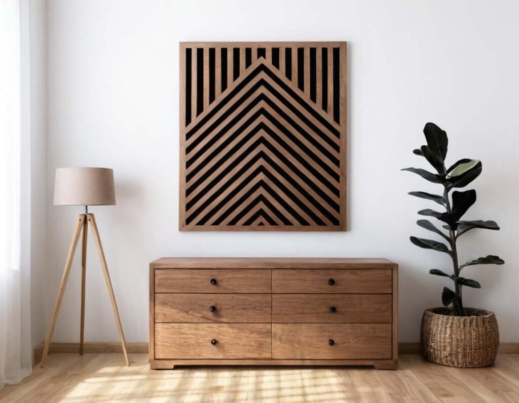 Geometric Wall Art: A interior with geometric wall art from wood on the wall