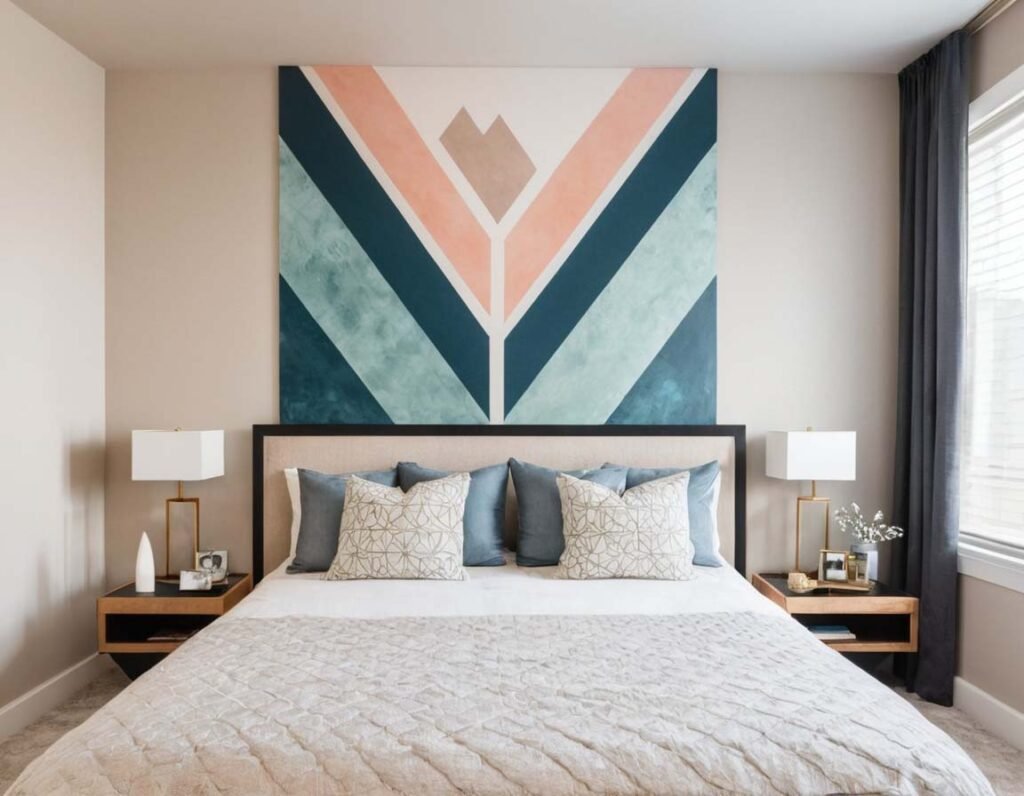 Geometric Wall Art: A bedroom interior with large geometric painting on the wall