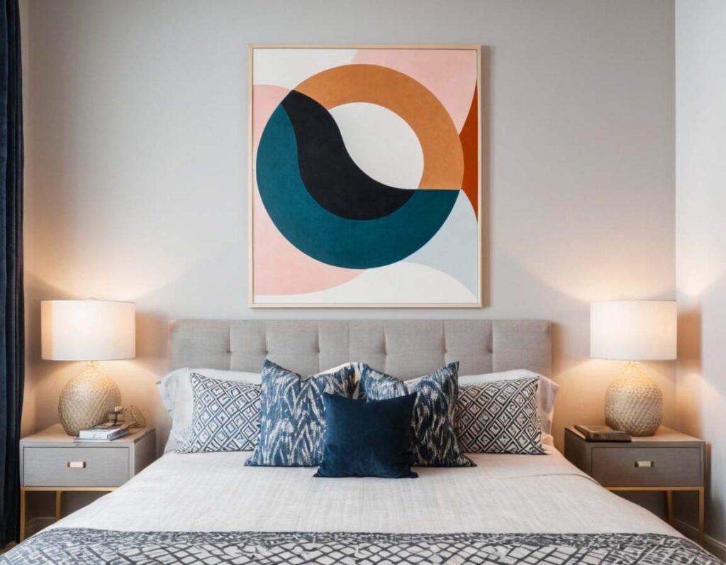 Geometric Wall Art: A minimalist geometric wall art in a bedroom interior