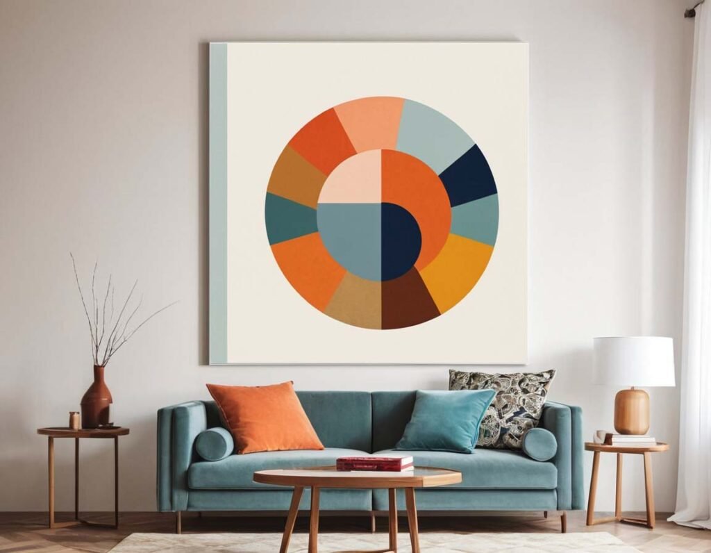 Geometric Wall Art: A living interior with huge geometric painting on the wall