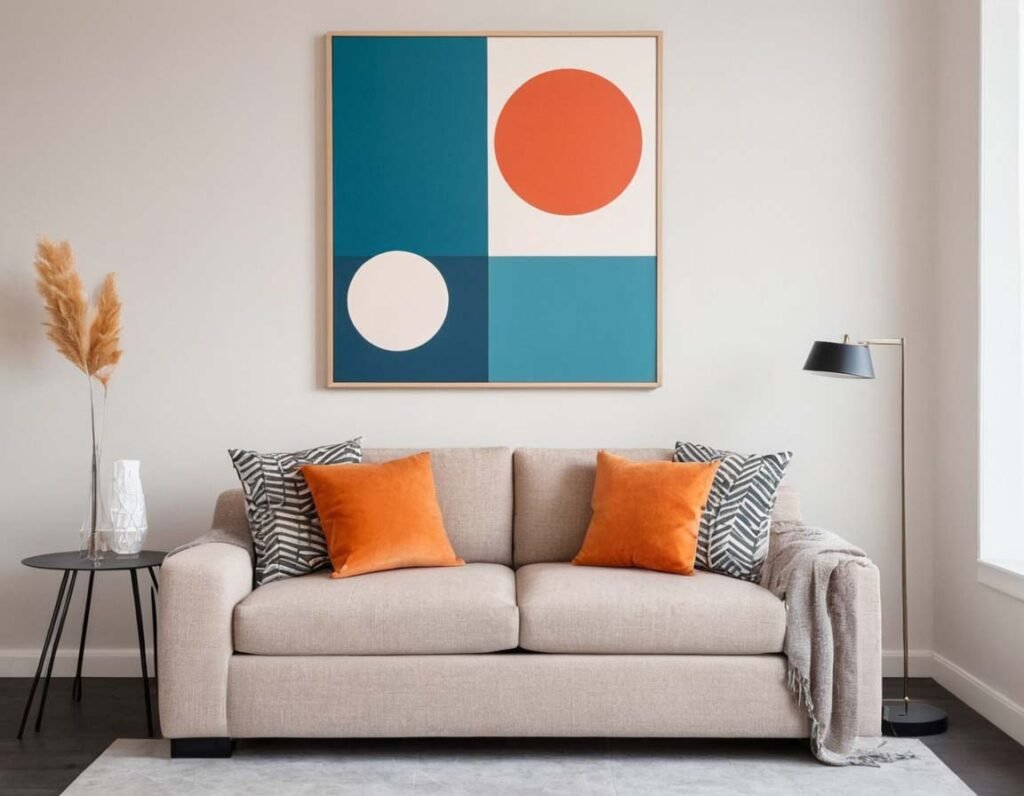 Geometric Wall Art: A minimalist interior with a geometric wall art painting on the wall