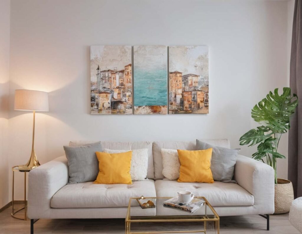 Colorful Wall Art: A living room interior with a three pieces painting