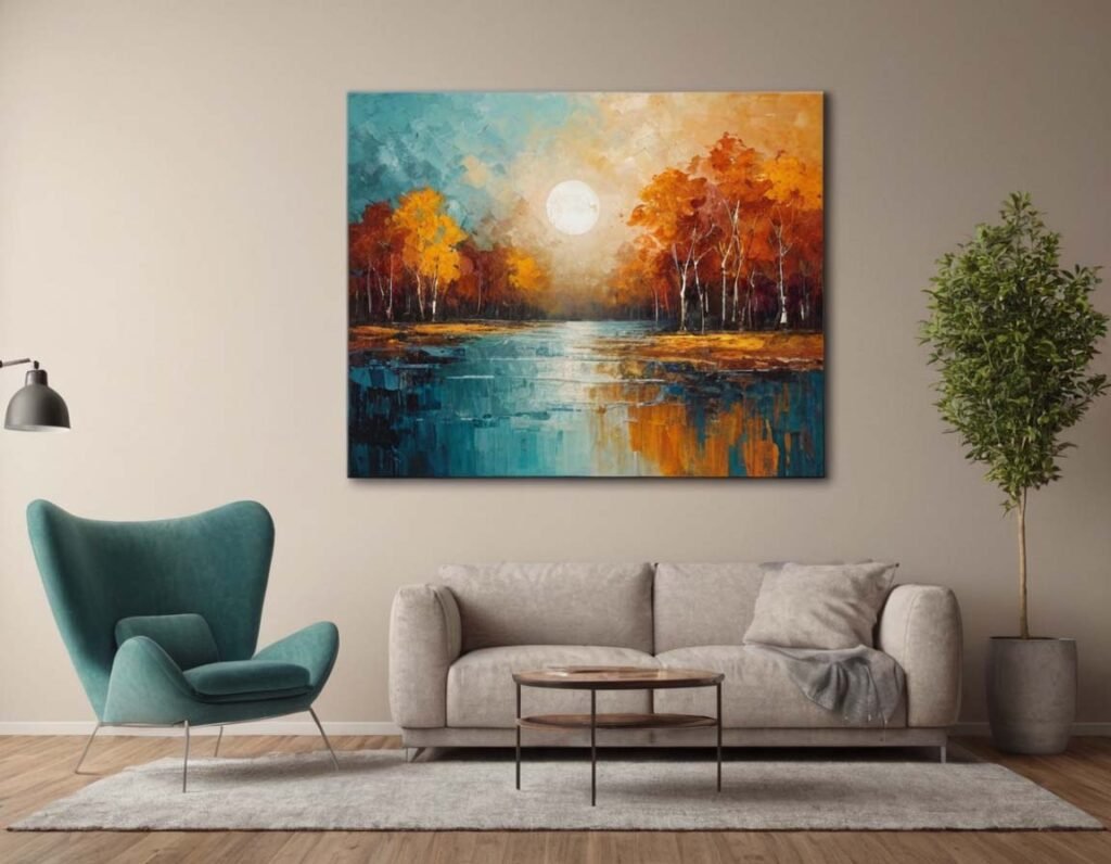 Colorful Wall Art: A living room interior with large colorful painting of a river