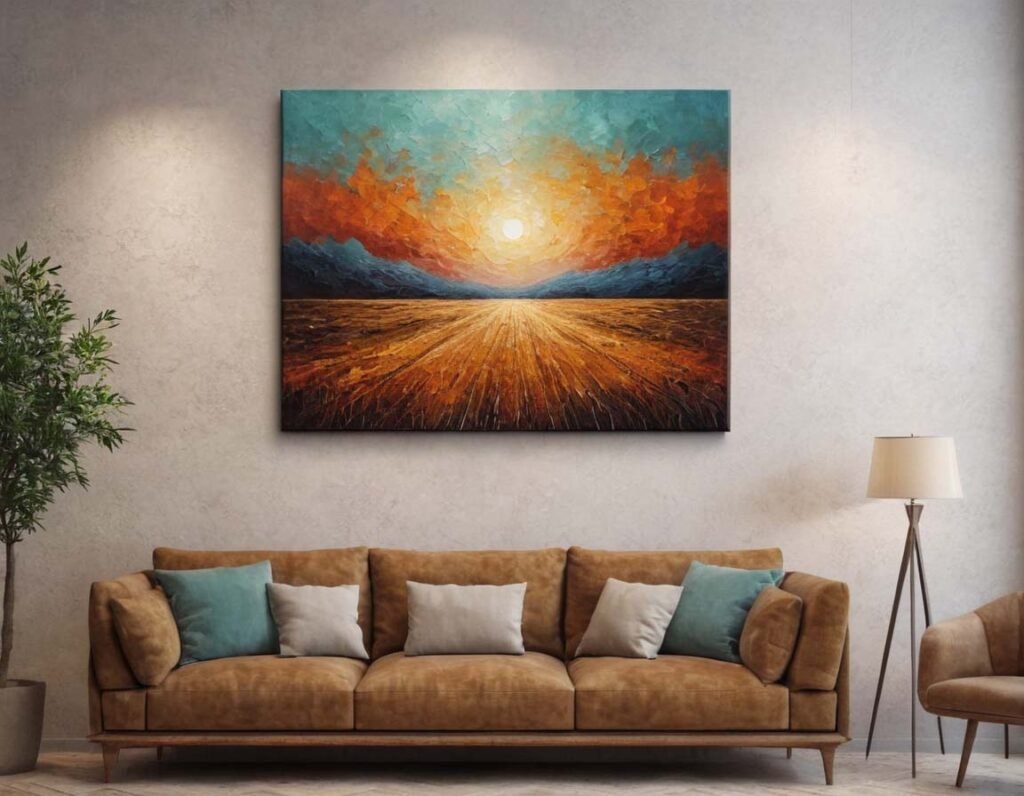 Colorful Wall Art: A living room interior with a large colorful painting  