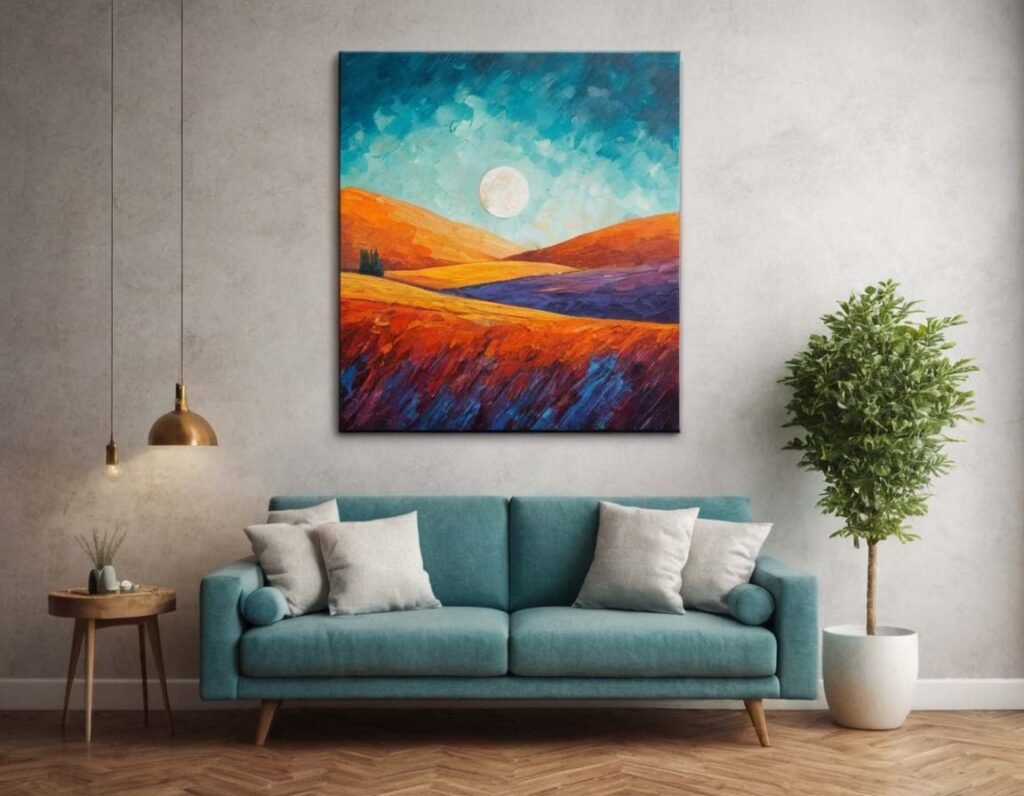 Colorful Wall Art: A living room interior with a large colorful painting 