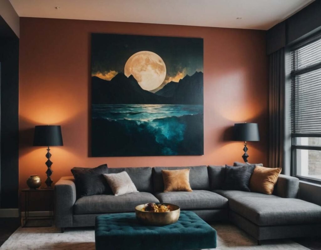 Modern Wall Art: A living room interior with huge modern painting on the wall