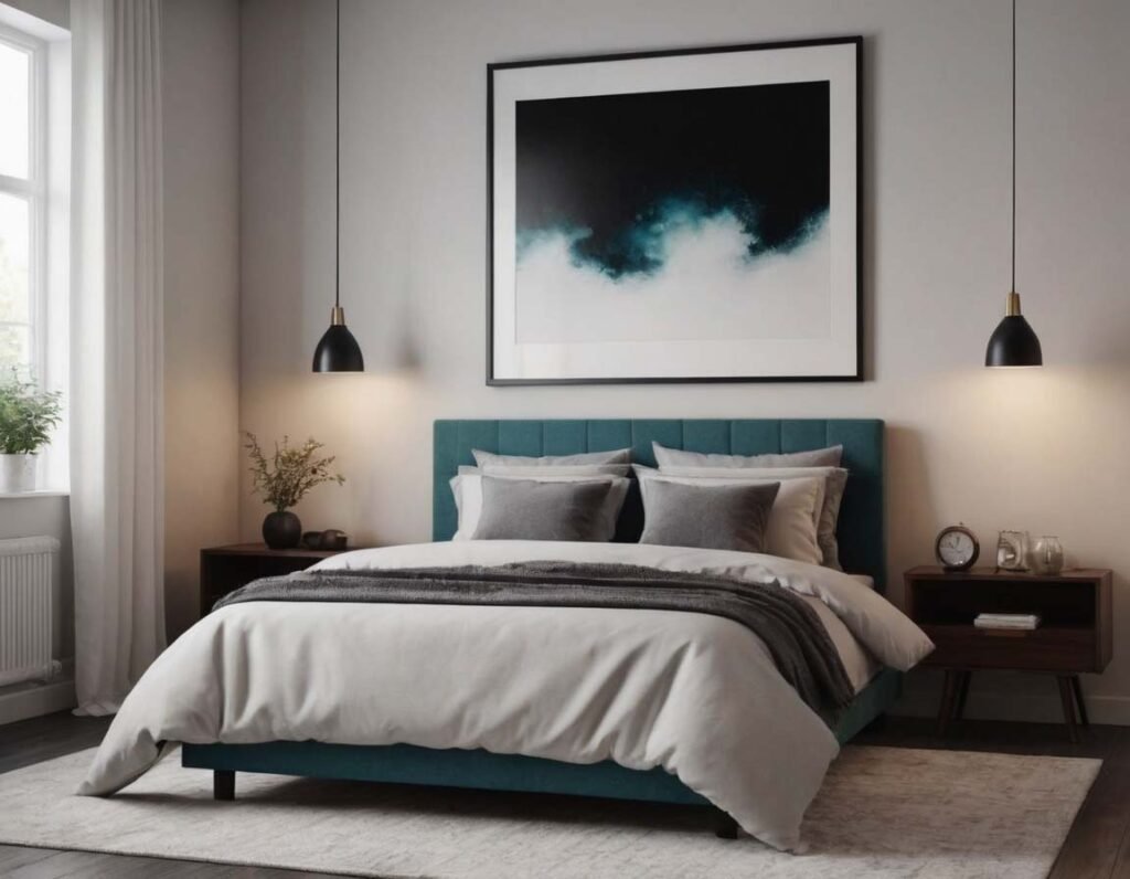 Abstract Modern Wall Art Ideas: A bedroom interior with a abstract painting on the wall