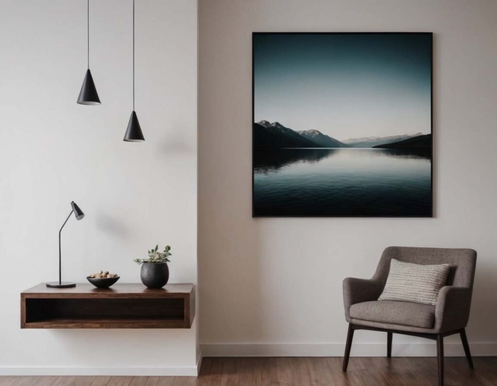 Modern Wall Art: A minimalist interior with a black-and-white landscape painting 