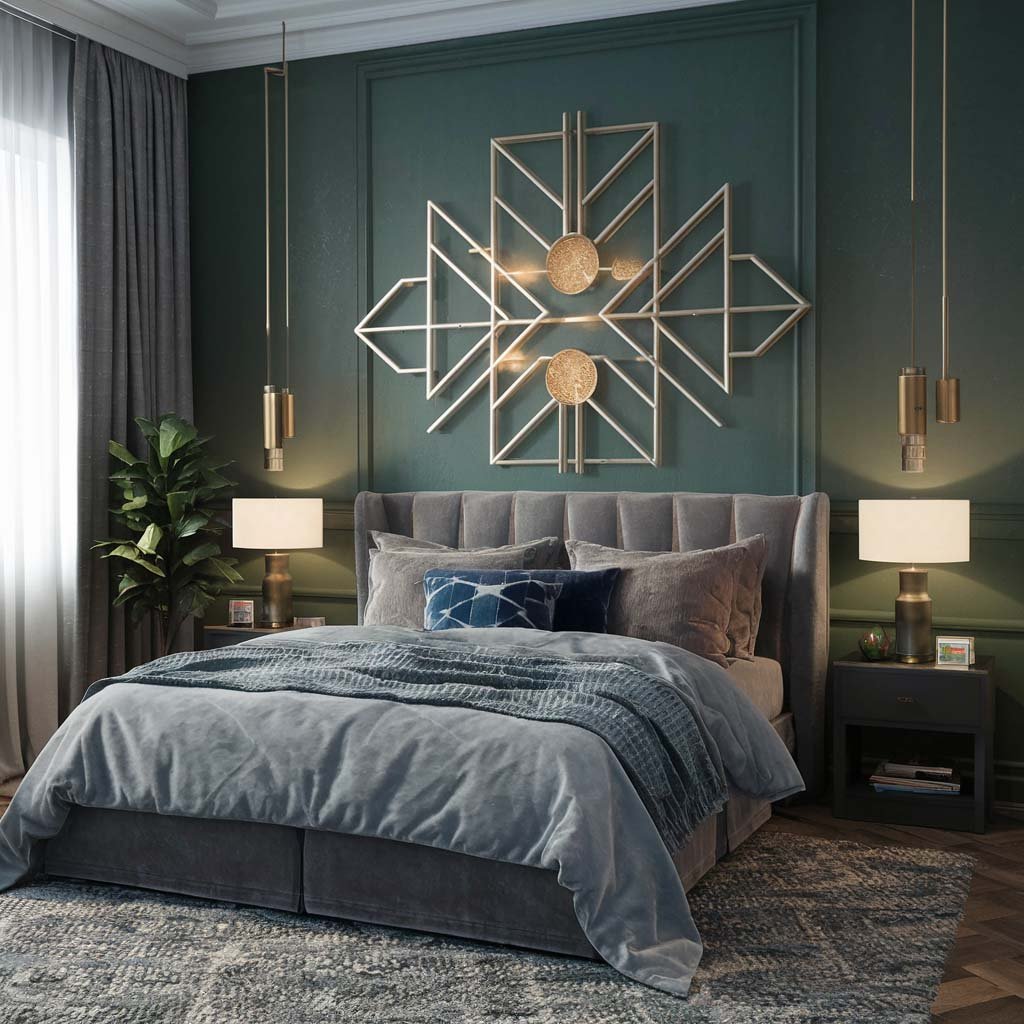 Geometric Wall Art: A bedroom interior with large geometric art