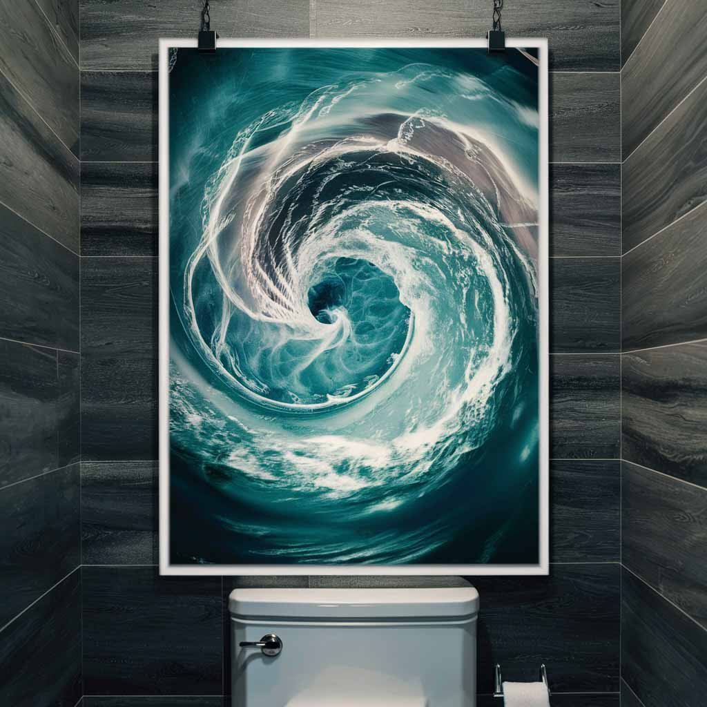 Motivational Wall Art: A poster of a whirlpool hangs on the bathroom wall on the toilet. 