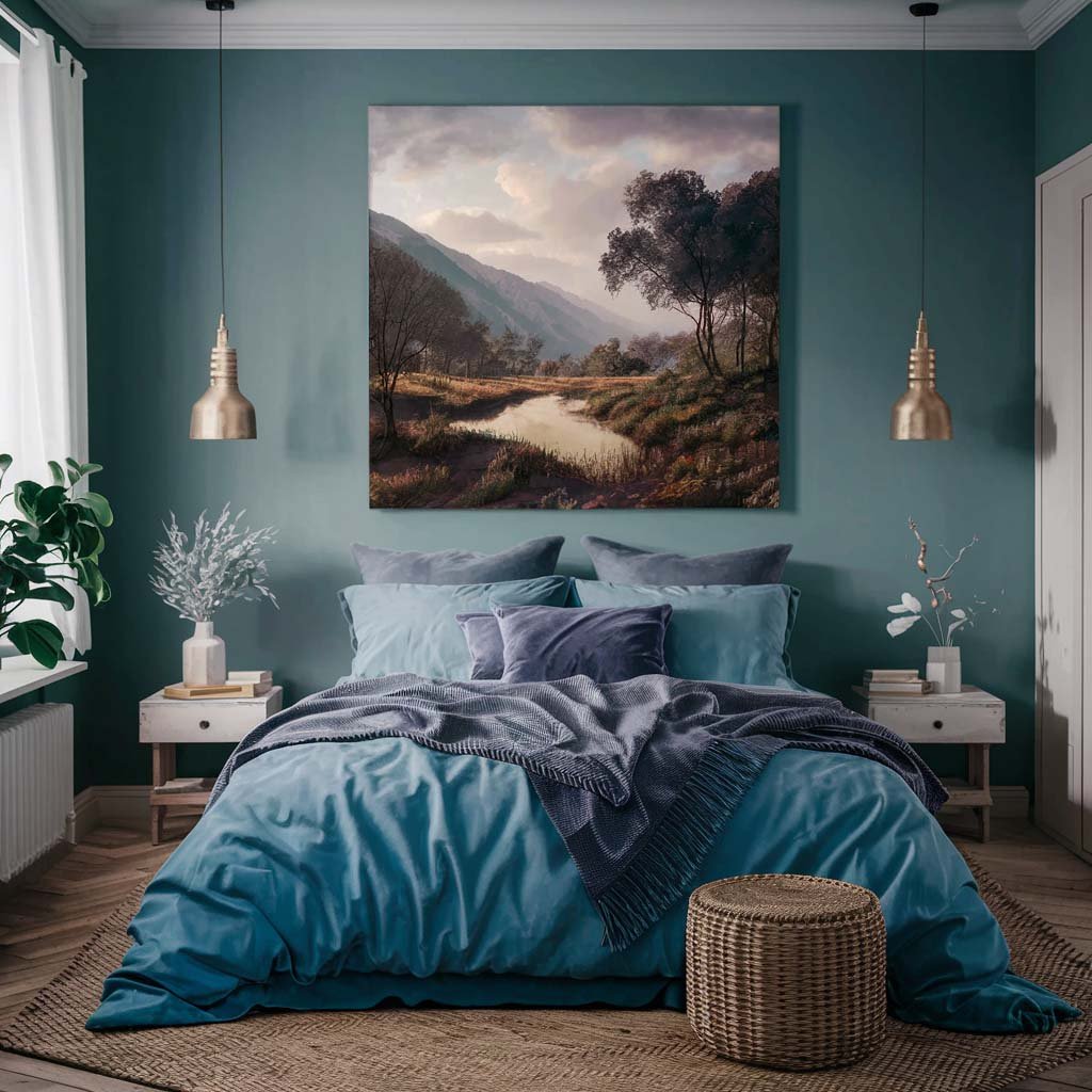 Motivational Wall Art: A serene landscape in calm colors depicted in a bedroom painting 