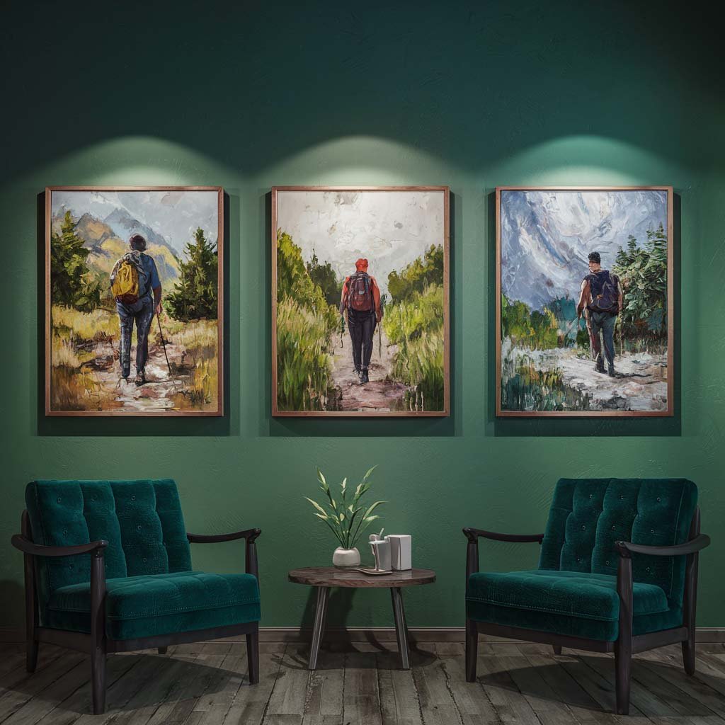 Motivational Wall Art: A wall gallery with three paintings of a hike in the mountains 