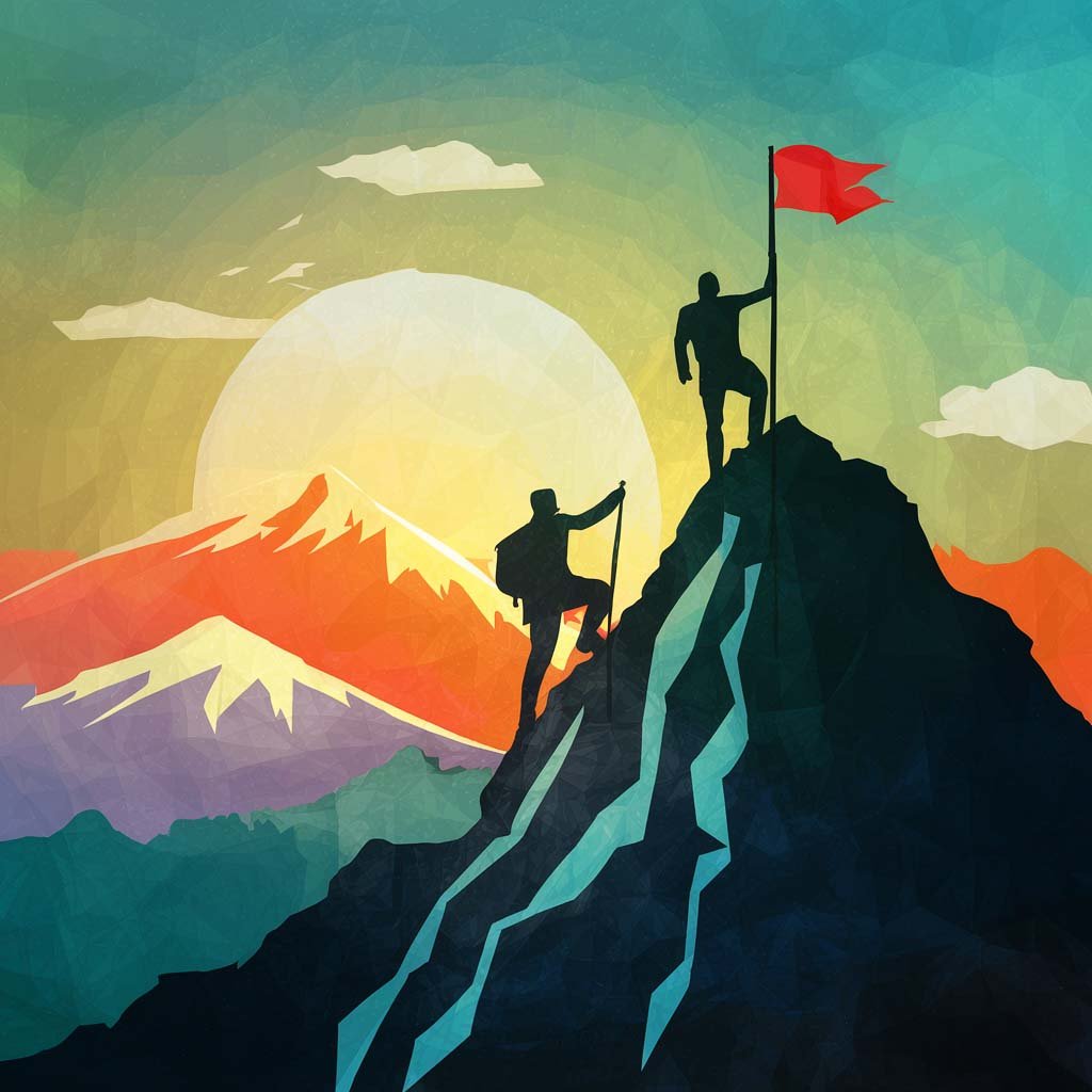 Motivational Wall Art: A colorful poster showing a man climbing to the top of a mountain with a flag