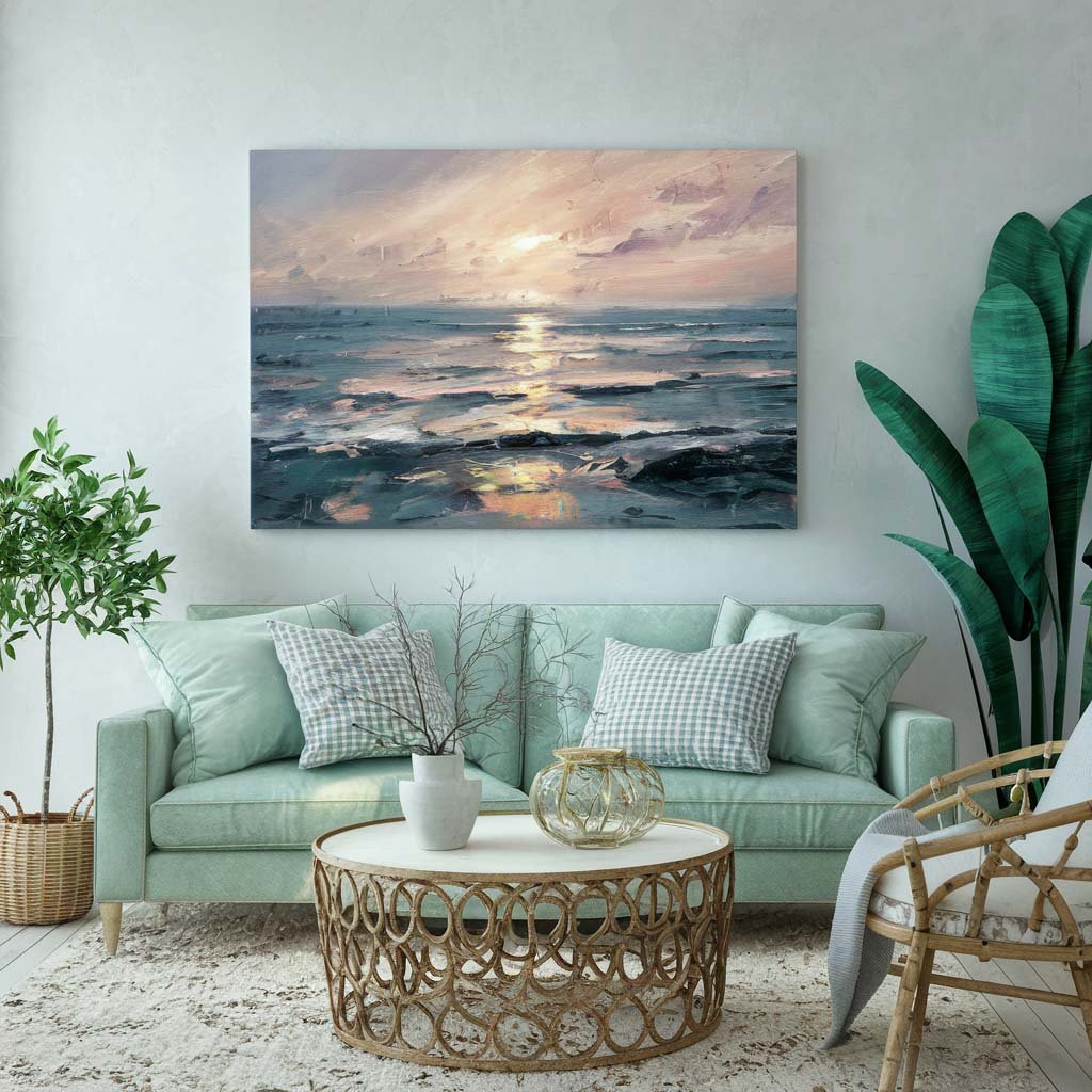 Motivational Wall Art: A seascape in calm colors depicted on a painting in the living room