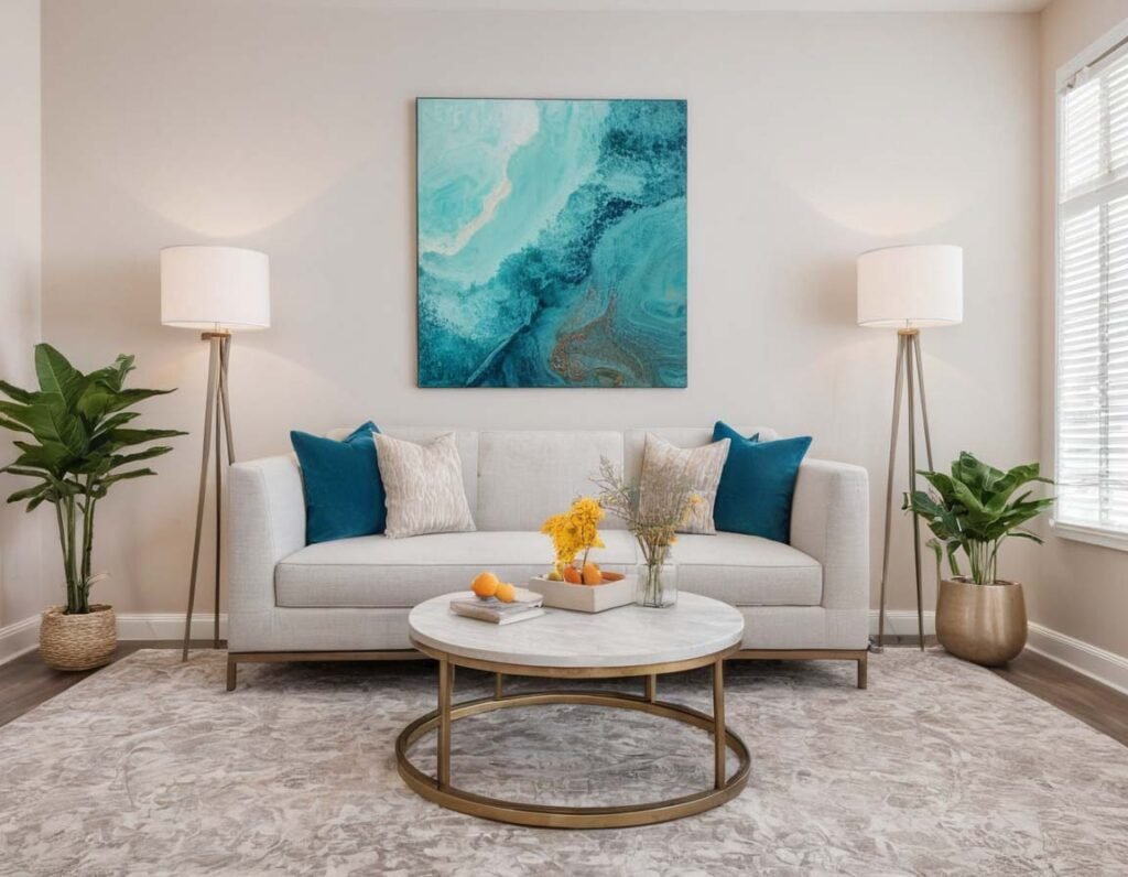 Contemporary Wall Art: A bright apartment interior with a abstract painting of ocean shore on the wall 