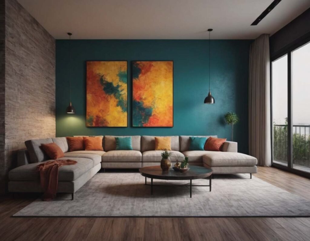 Contemporary Wall Art: A large living room interior with a colorful abstract painting on the wall 