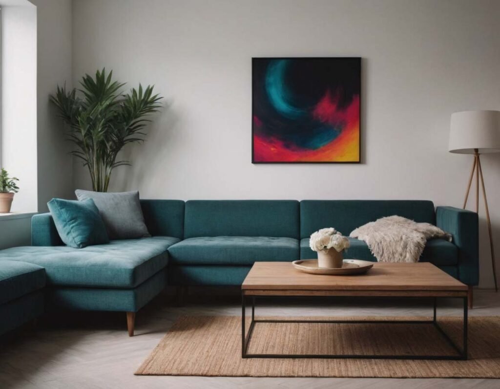 Contemporary Wall Art: A living room interior with an abstract colorful painting on the wall 