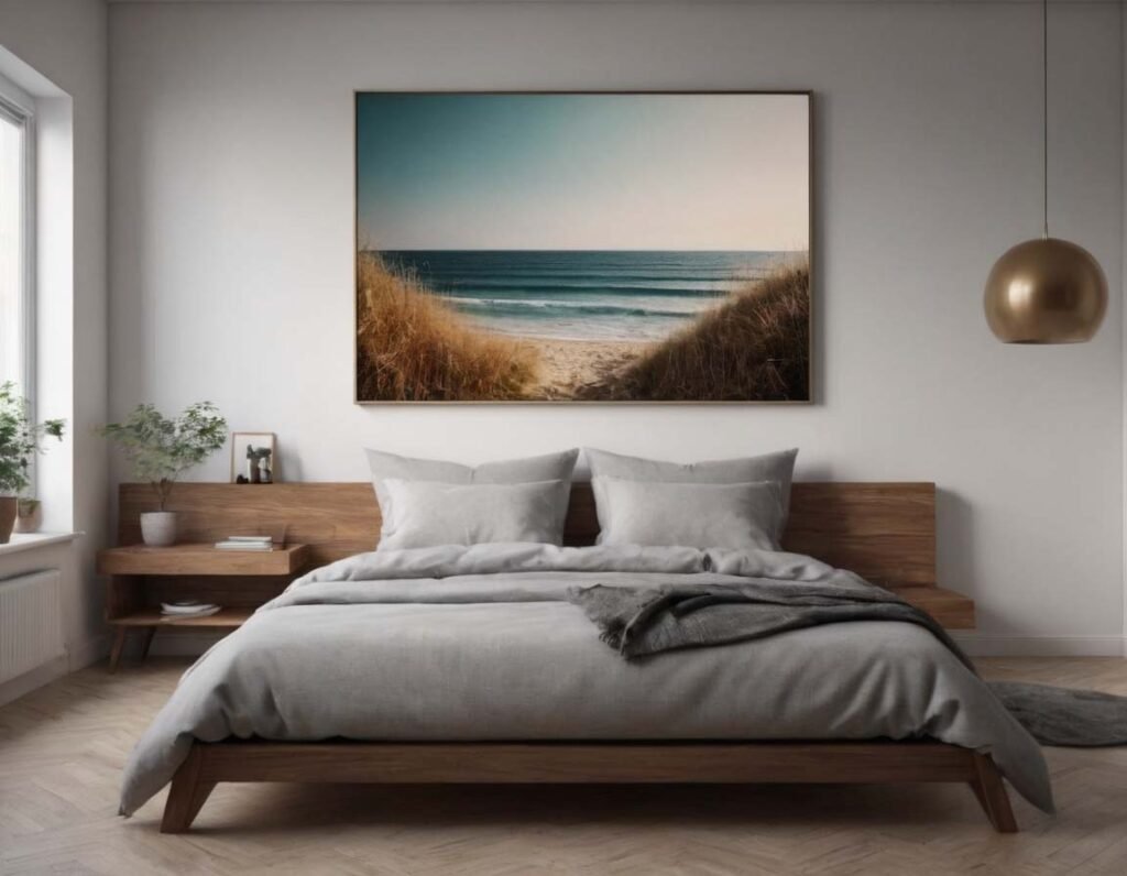 Contemporary Wall Art: A bright bedroom interior with a photo painting of ocean shore on the wall 