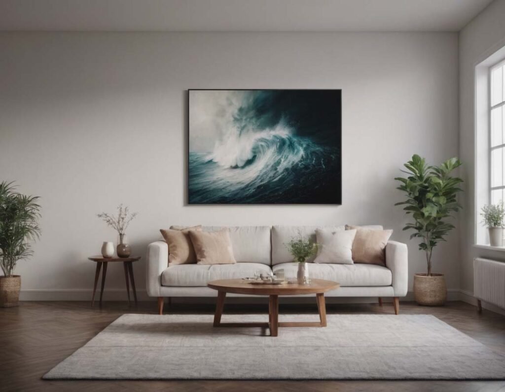 Contemporary Wall Art: A bright living room interior with a modern painting of ocean wave on the wall 