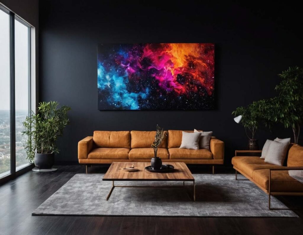 Contemporary Wall Art: A dark modern living room interior with a modern painting on the wall 