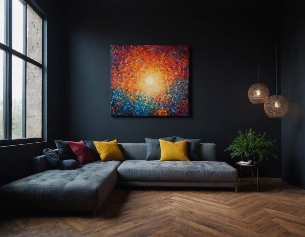 Contemporary Wall Art: A dark living room interior with a large a modern colorful painting on the wall