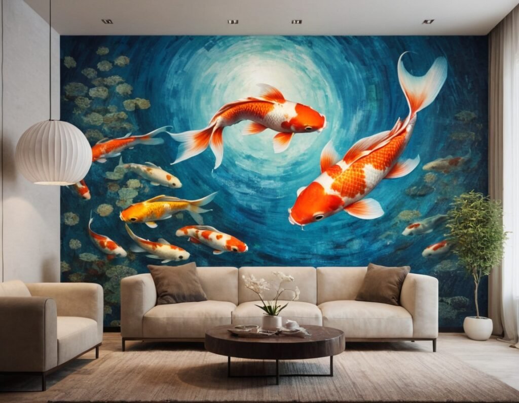 An interior with a huge Koi Fish painting on a wall