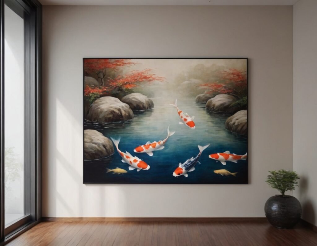 A large painting of Koi Fish on a wall in the room