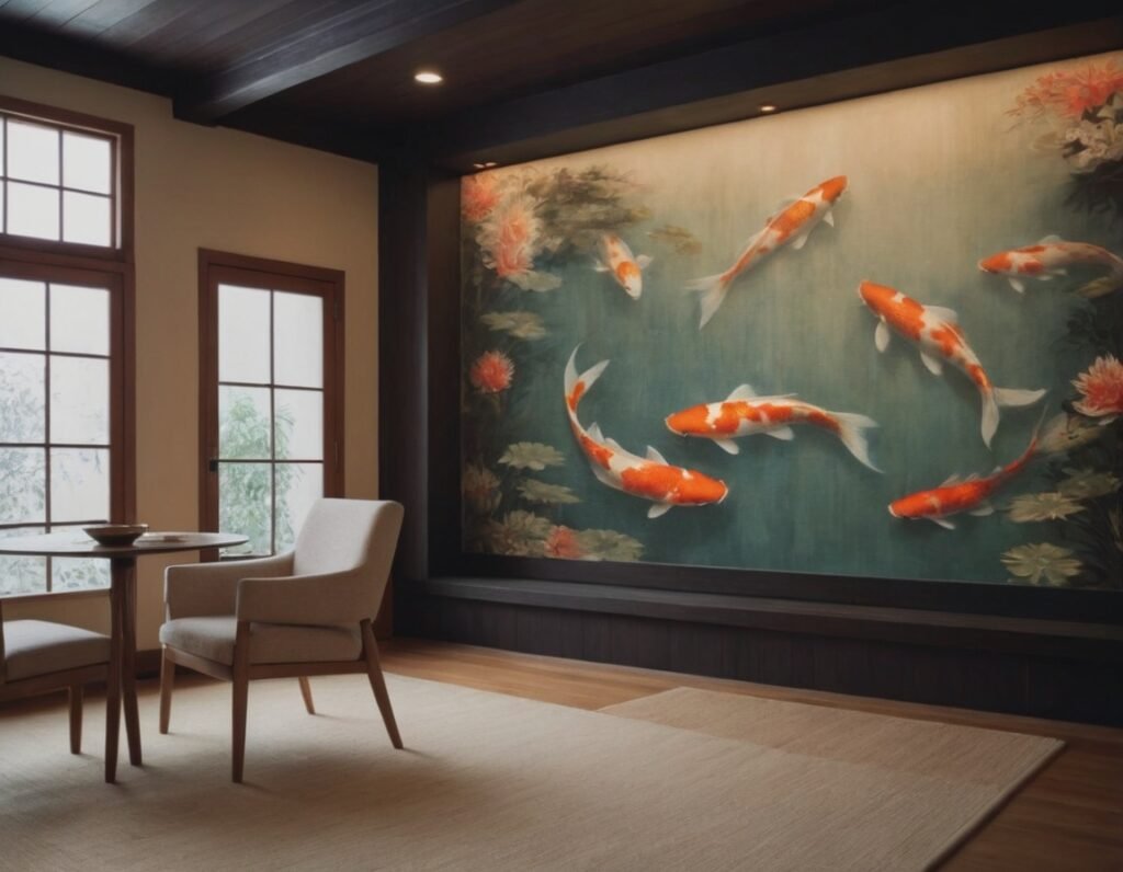 A huge painting of Koi Fish on a wall