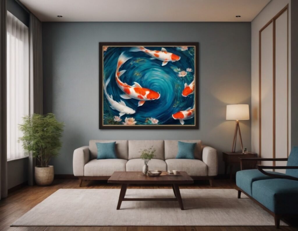 An interior with colorful Koi Fish painting