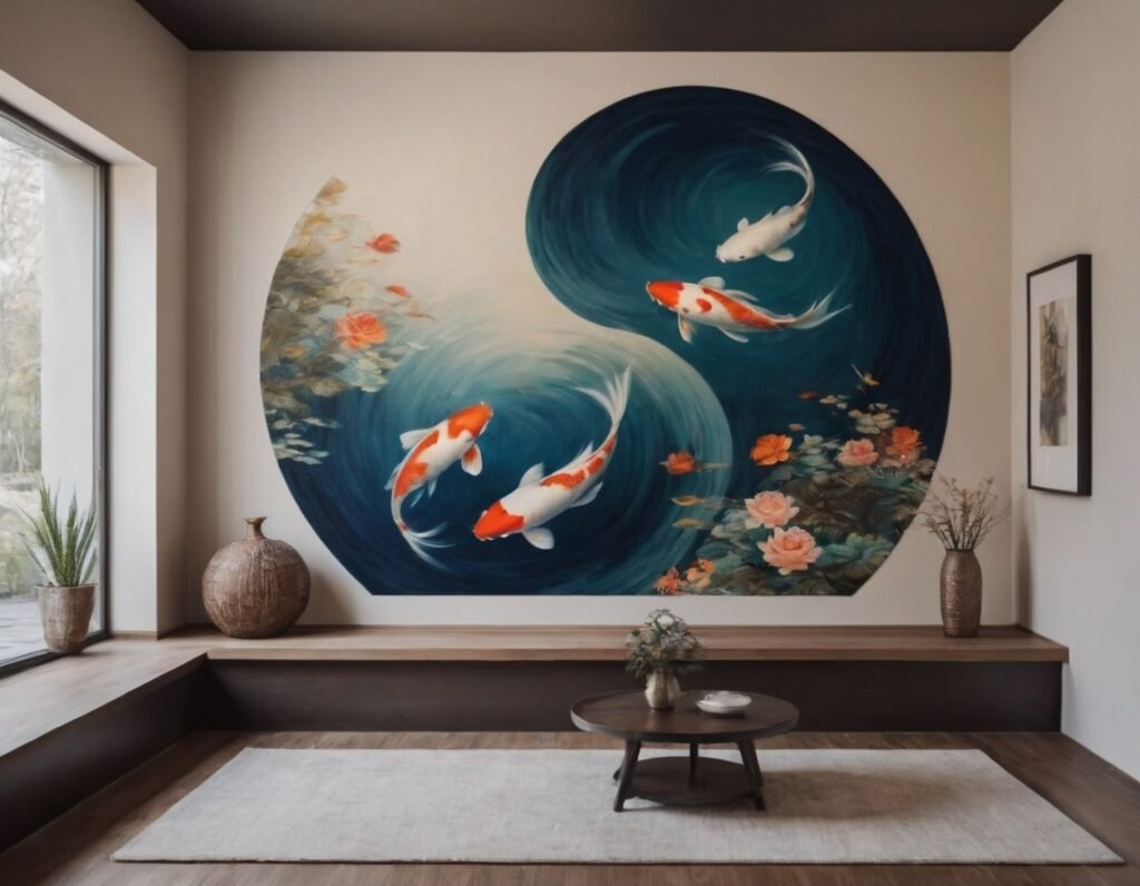 A Japanese interior with a Koi Fish painting on a wall