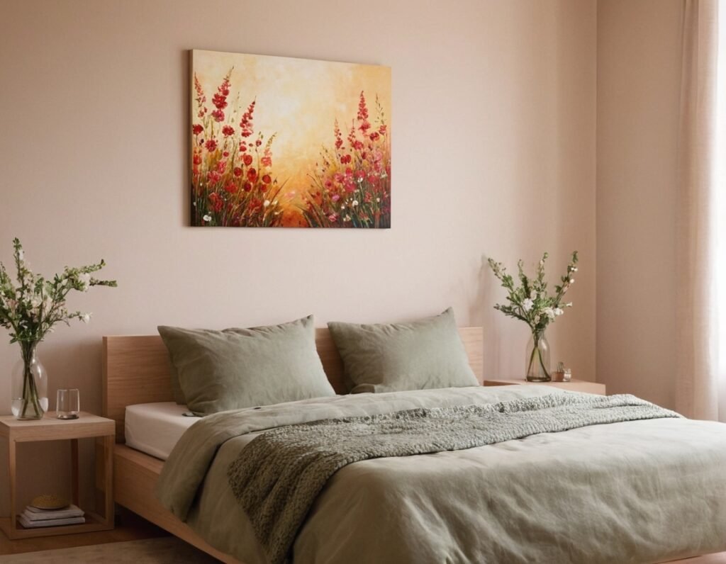 A bedroom interior with colorful Floral Wall Art on the wall