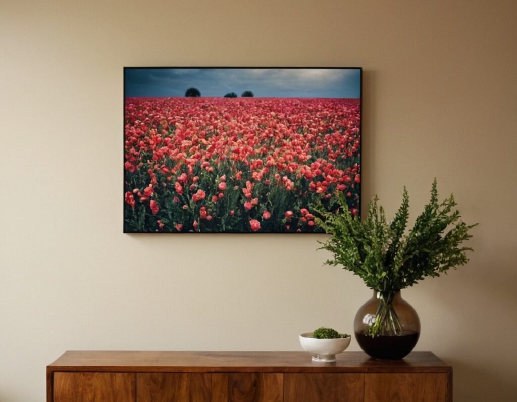 An interior with a framed Floral print on the wall