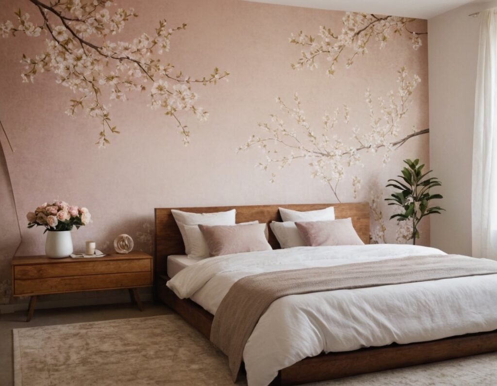 A bedroom interior with a Floral moral on the wall