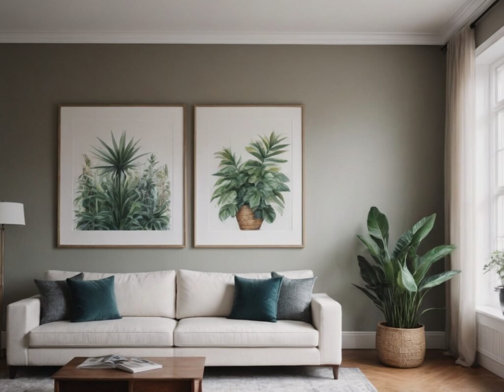 An interior with two Botanical paintings on the wall