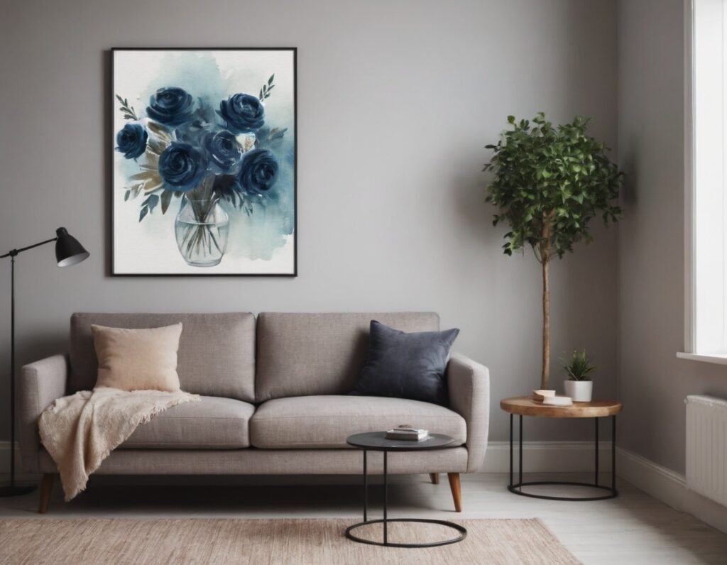 A tiny living room interior with a floral painting on the wall