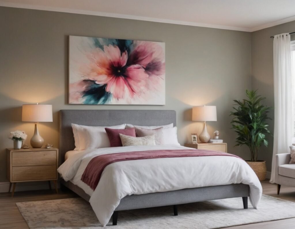 A bedroom interior with Floral Wall Art on the wall