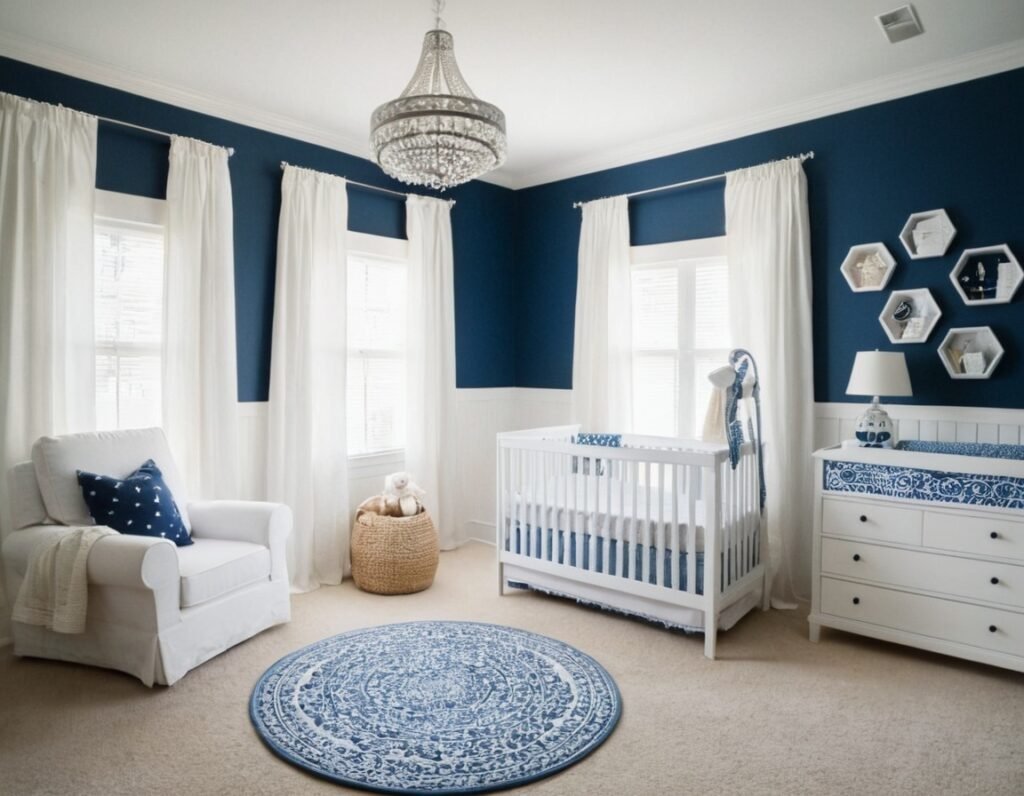 A classic interior design for a baby boy's nursery featuring a color scheme of white and blue