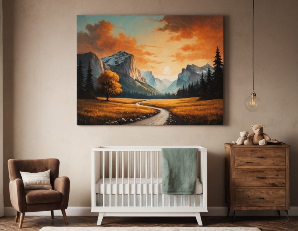 A clean and minimalist rustic baby boy's nursery has a beautiful landscape painting on the wall.