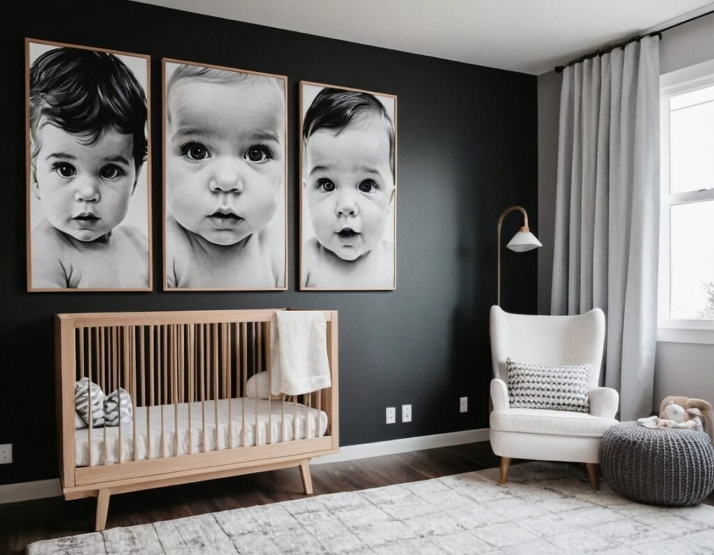 Clean modern monochrome baby boy nursery with a stunning painting on the wall