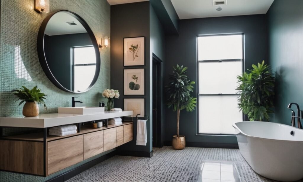 A large bathroom interior with an around mirror and houseplants