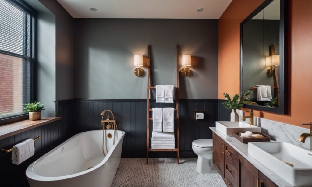 A bathroom interior with accent orange wall 